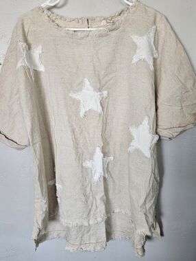 Frayed Star Appliqué Linen Top Beige White Blue Velvet Women's Small Oversized